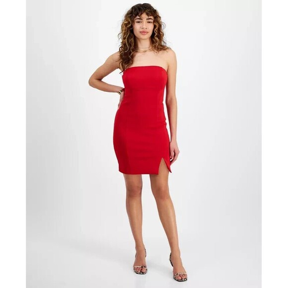 GUESS Women's Anya Straight neckline Strapless Party Bodycon Dress Red 14 - Picture 4 of 11